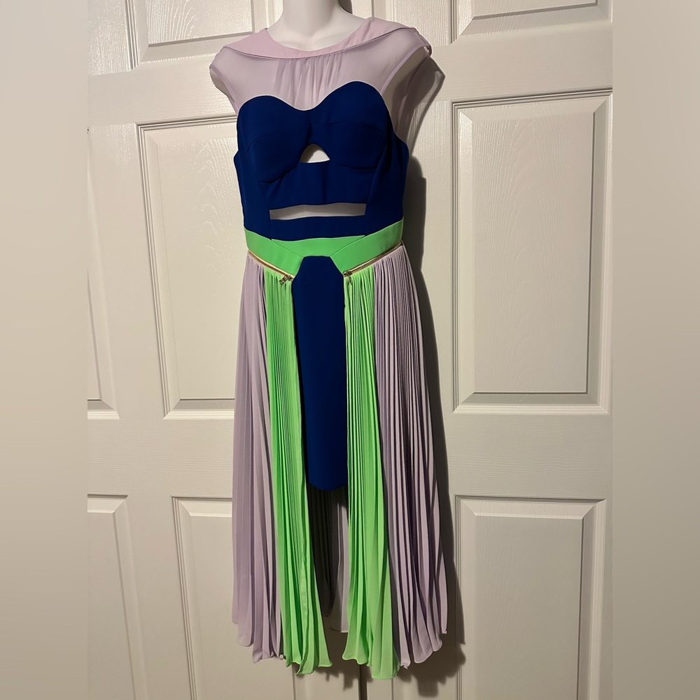 THREE FLOOR cobalt blue lime green purple gold Cutout Dress SMALL 6 sheer S NEW